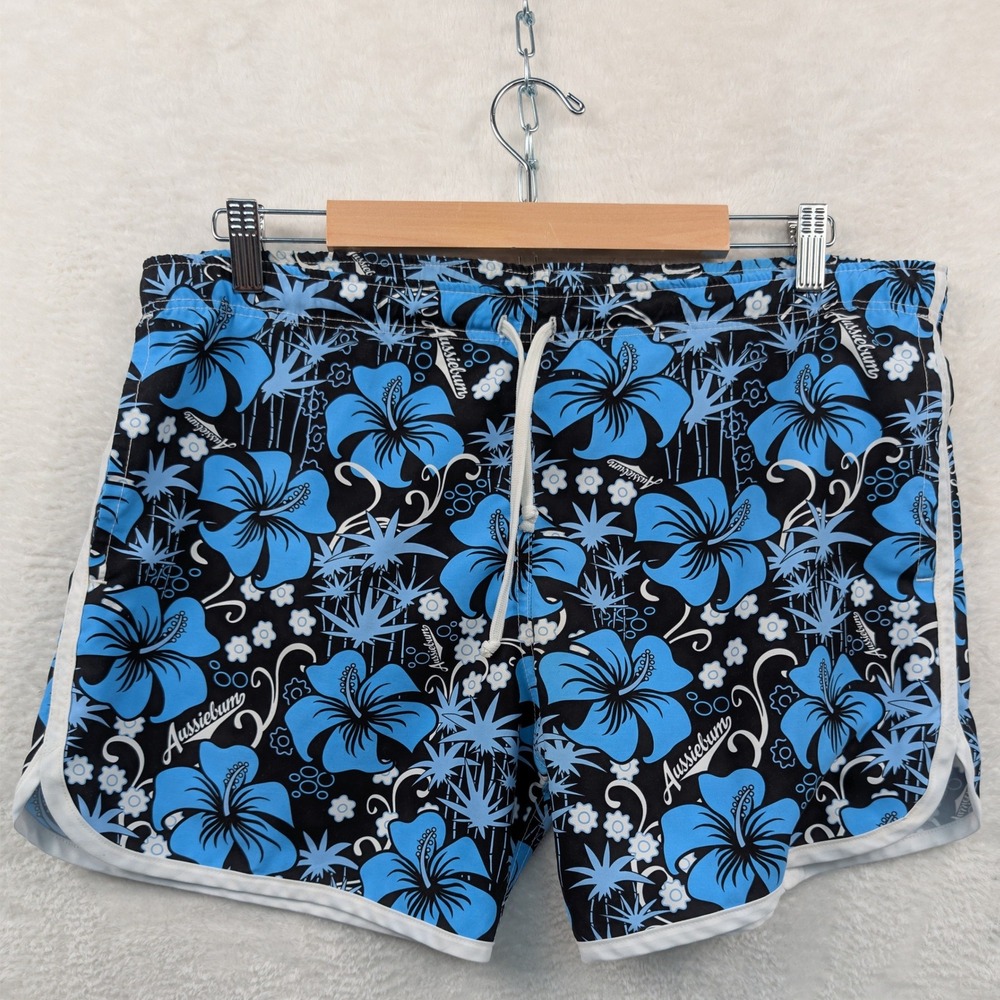 AussieBum Swim Trunks Men XL Blue Hibiscus Floral Piping Tropical Surf Beachwear